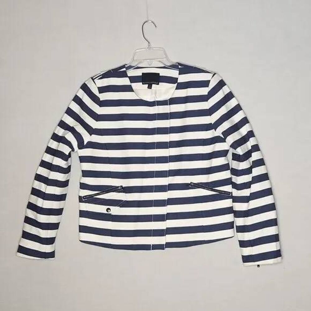 Banana Republic Women's Size 12 Blue White Striped Nautical Full Zip Top Blouse